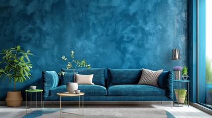 Cozy Living room interior with blue wall texture background AI generated image