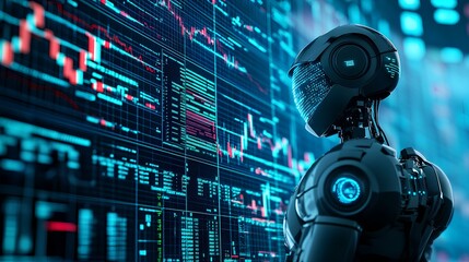 A robot managing financial transactions through algorithmic trading programs, represented on a digital interface