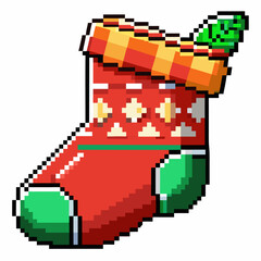 Fototapeta premium Pixel Art Christmas Stocking with Gift Box and Greenery Retro Holiday Festive Illustration