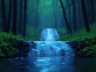 Waterfall in a mystical forest, with bioluminescent plants glowing around the cascading water, waterfall cascade, fantasy nature aesthetic