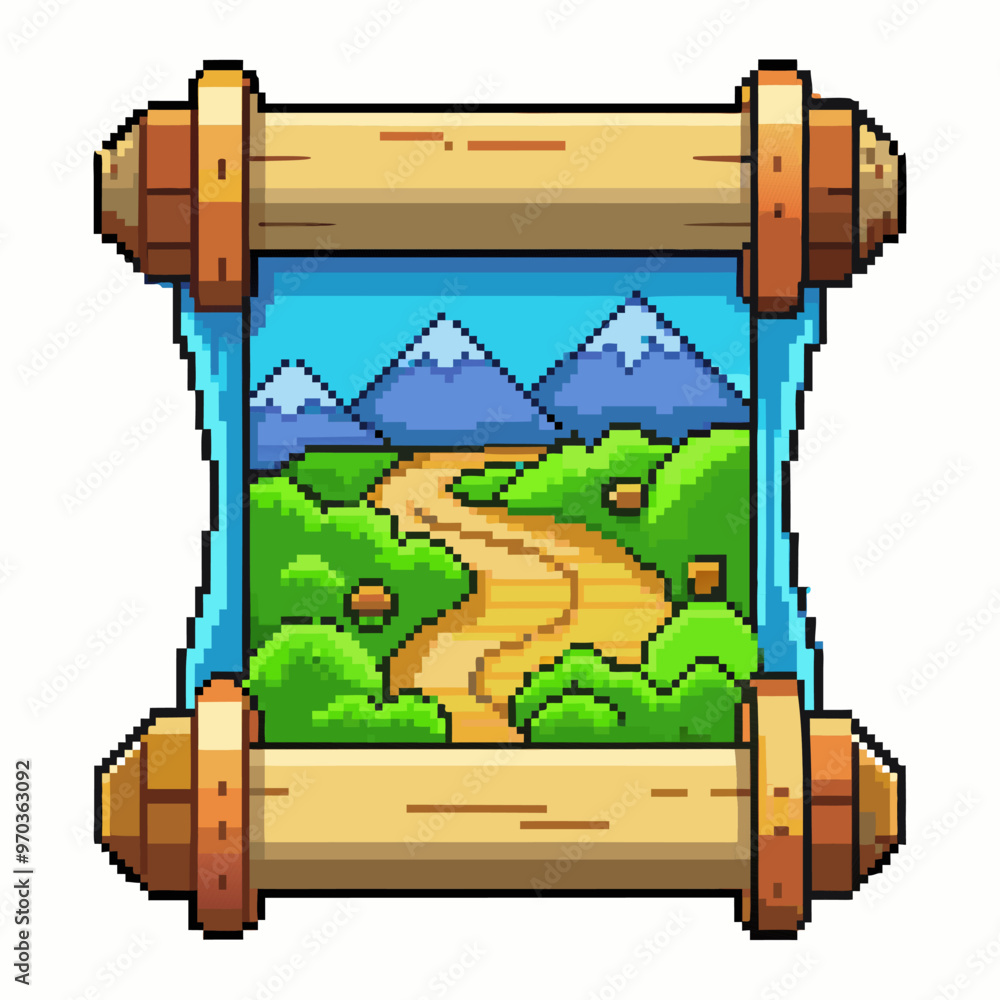 Aufkleber pixel art adventure map with scroll frame and mountain path in colorful retro style