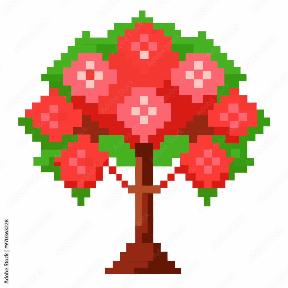 Poster pixelated apple tree with red fruit in 8 bit retro style artwork