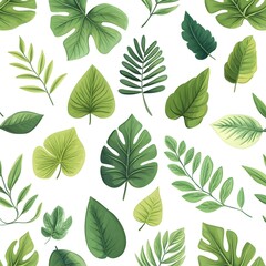 Seamless Pattern with Variety of Fresh Green Leaves on White Background