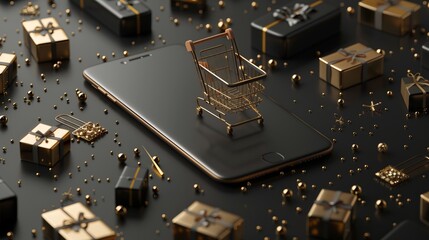 3d online shopping promotion concept featuring smartphone mock-up on dark background, perfect for e-commerce campaigns, digital marketing visuals, and modern retail presentations – 3d rendering
