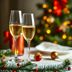 Two glasses of champagne on the festive Christmas table