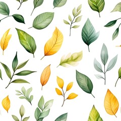 Obraz premium Seamless Pattern with Fresh and Vibrant Assorted Leaves on White Background