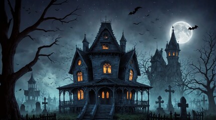 Digital illustration spooky Halloween scene It shows large hallo