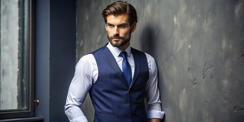 Fototapeta premium Sleek and refined, the model's bespoke navy suit vest envelops him in a classic aura of elegance and