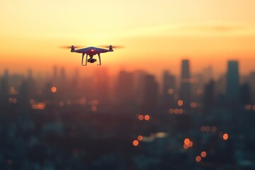 Drone flying over a city at sunset