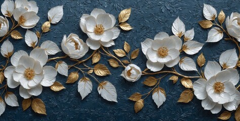 Digital art piece that features group white flowers Dark blue ba