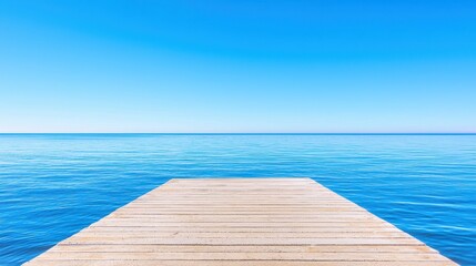 Fototapeta premium Wooden Dock Extending into Calm Blue Ocean with Clear Sky