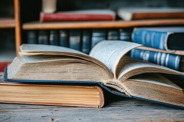 book with open pages, close up, books on the shelf in school, open book on wooden table. back to school concept , ai