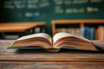 book with open pages, close up, books on the shelf in school, open book on wooden table. back to school concept , ai