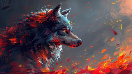 A dramatic illustration of a wolf's profile amidst fiery colors, symbolizing strength and resilience.