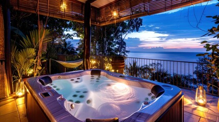 Fototapeta premium Luxury resort jacuzzi with beautiful views AI generated image
