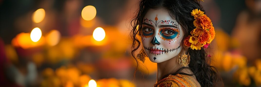 Hermosa mujer vestida como Catrina en el dia de muertos con flores de cempas&uacute;chil  en la cabeza, al fondo velas encendidas  y flores. Imagen tipo banner 