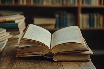 book with open pages, close up, books on the shelf in school, open book on wooden table. back to school concept, ai