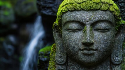 Fototapeta premium Waterfall cascading over ancient stone carvings, with moss and vines covering the sculptures, waterfall cascade, ancient mystery aesthetic