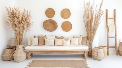 Boho Chic Living Room Decor with Wicker Baskets and Pampas Grass