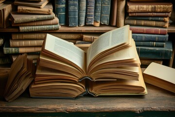 Obraz premium book with open pages, close up, books on the shelf in school, open book on wooden table. back to school concept, ai