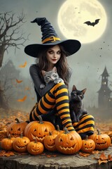 Digital illustration witch sitting top pile pumpkins wearing Wit