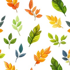 Seamless Pattern with Assorted Natural and Fresh Leaves on a White Background