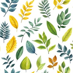 Seamless Pattern of Fresh and Vibrant Green Yellow and Turquoise Leaves on White Background