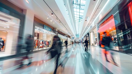 Vibrant scene of a busy shopping center with people walking in blurred motion, capturing the energy and excitement of urban retail environments and the thriving atmosphere of modern consumer culture