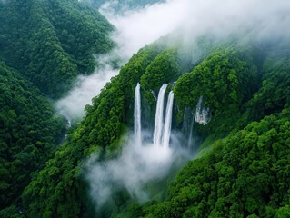 Fototapeta premium Multi-tiered waterfall cascading over lush green terraces, shrouded in morning mist, waterfall cascade, dreamy landscape aesthetic