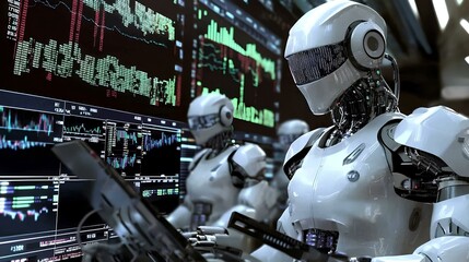 A complex visual of robotic systems managing financial risk and trading volatility in stock markets