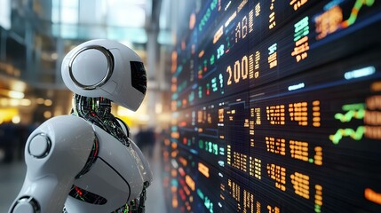 Fototapeta premium An AI-driven robot scanning multiple stock tickers on a large trading interface