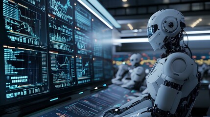 A futuristic stock market trading floor powered by robots and algorithmic trading software