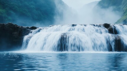 Waterfall cascading into a hot spring, steam rising and blending with the mist, waterfall cascade, soothing geothermal aesthetic