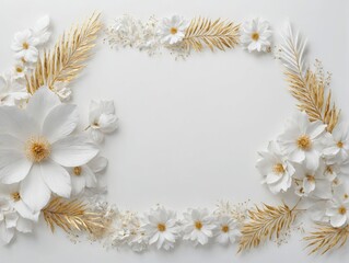 Flat lay white flowers gold leaves background are Beautifully ar