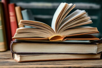 book with open pages, close up, books on the shelf in school, open book on wooden table. back to school concept, ai