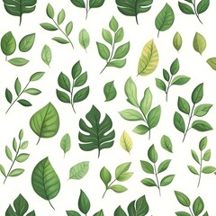 Seamless pattern with vibrant and fresh natural leaves on clean white background