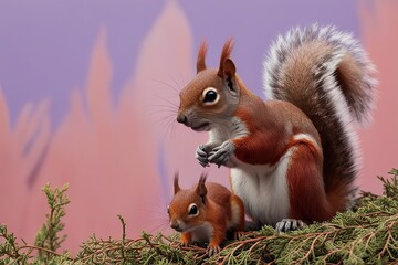 Vibrant Red Squirrel Observing Nature on Soft Lavender and Coral Backgrounds