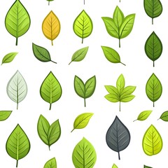 Seamless pattern of various fresh and natural leaves on a clean white background