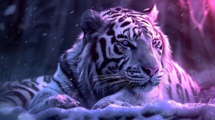 A majestic white tiger rests in a snowy environment, illuminated by a soft, colorful glow.