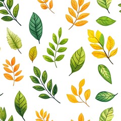 Obraz premium Seamless natural pattern with various fresh and vibrant leaves on a clean white background