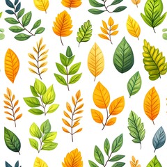 Fototapeta premium Diverse and Lush Leaves in a Vibrant Seamless Pattern on a White Background