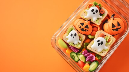 A glass lunch box filled with Halloween-themed sandwiches shaped like pumpkins and ghosts, alongside colorful veggies. The background is a solid bright orange, with ultra-sharp focus on the food