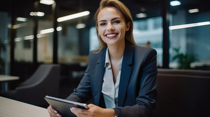Fototapeta premium Portrait of a businesswoman sitting at an office table, smiling and holding her tablet in front of the camera. 