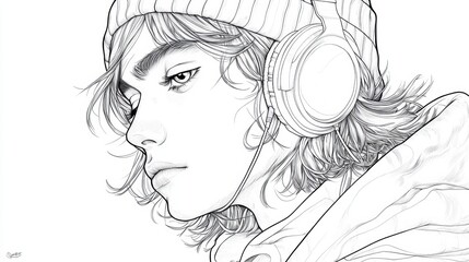 Fototapeta premium A coloring page of an anime-style drawing of a cool hipster with a headphone, wearing a beanie, The background is white, suitable for use as a coloring book cover.