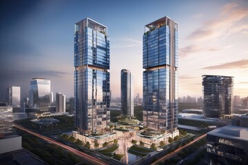 Innovative Commercial District in a Sustainable City Featuring Visionary Towers and Reflective Design