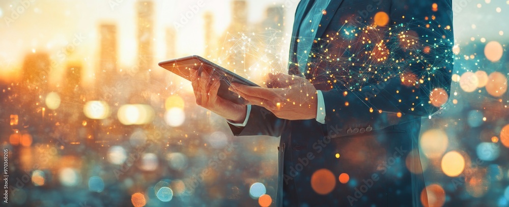 Poster businessman using a tablet with network connection in a city setting
