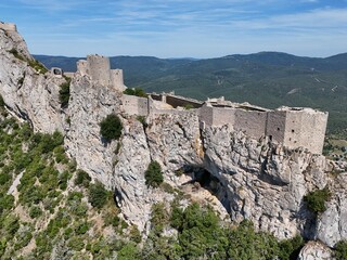 Aerial view of the Cathar castle of Peyrepertuse in the Aude region of France