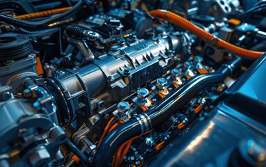 A detailed view of a complex engine assembly showcasing mechanical components and wiring.