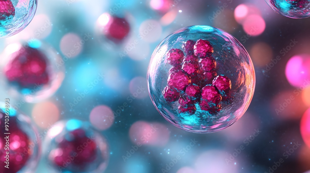Poster abstract cell structure with pink and blue bokeh background