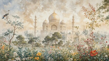 Fototapeta premium Painting Taj Mahal famous monument Agra India done Mughal Garden